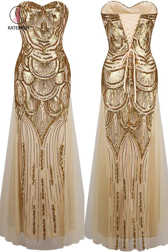 Floor Length Sweetheart Tulle Prom Dress with Sequins, Strapless Formal Dresses KPB0133