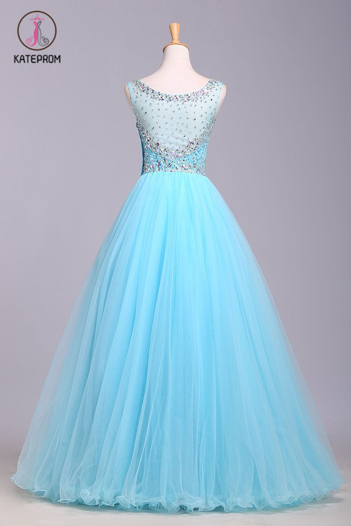 Blue Scoop Sleeveless Tulle Prom Dress with Sequins, Floor Length Puffy Evening Dress KPP0567