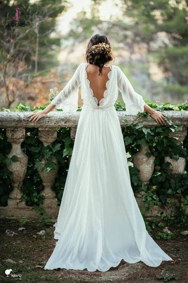 Sexy Chiffon 3/4 Sleeves and Backless Bridal Dress, Long Chiffon Beach Wedding Dress KPW0269