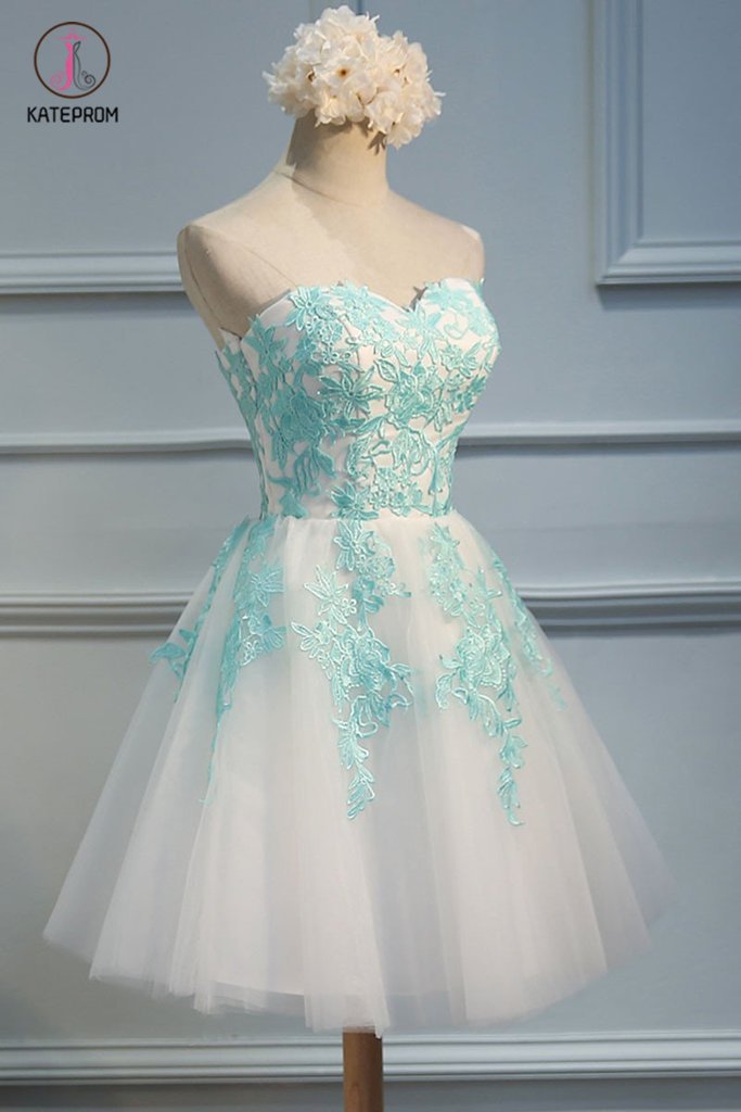 Ivory Sweetheart Homecoming Dress with Mint Appliques, Strapless Tulle Short Party Dress KPH0226