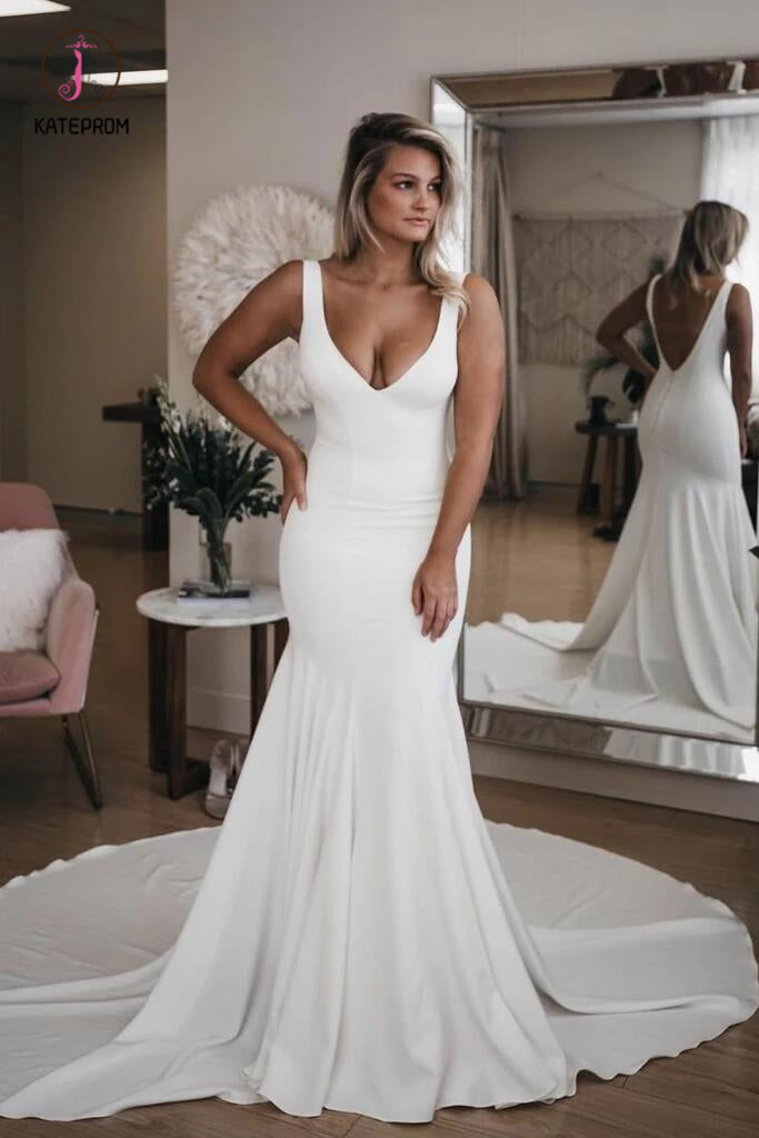 Simple V Neck Mermaid Wedding Dress with Long Train, Sexy Backless Beach Wedding Dress KPW0354