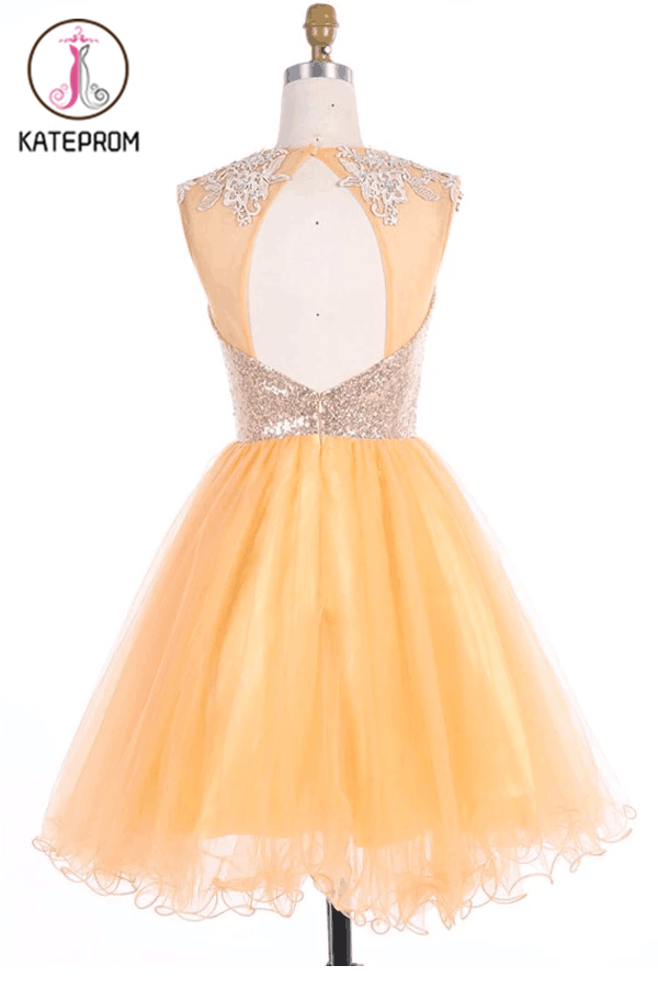 Scoop Gold Organza Open Back Prom Dresses Homecoming Dresses KPH0101