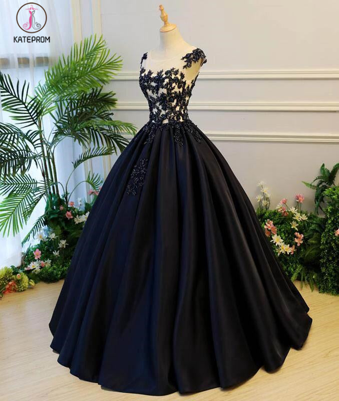 Generous Princess Cap Sleeves Scoop Black Applique Satin Long Prom/Evening Dress KPP0331
