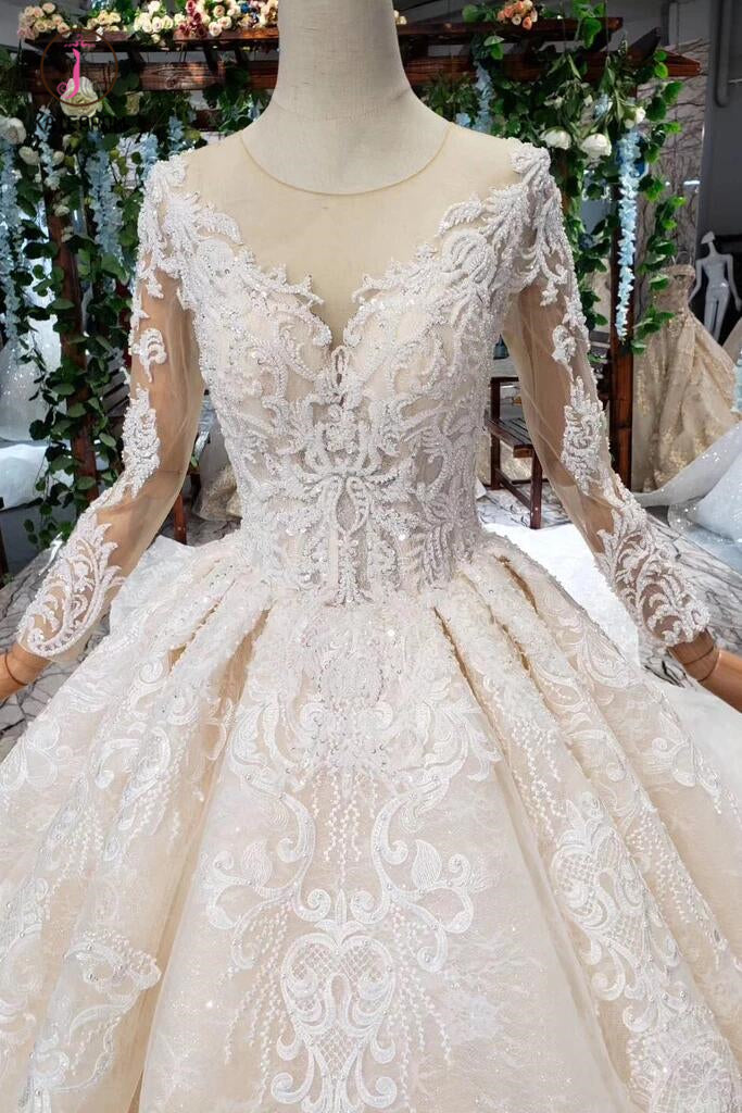 Princess Long Sleeves Sheer Neck Ball Gown Lace Wedding Dresses, Long Bridal Dress KPW0398