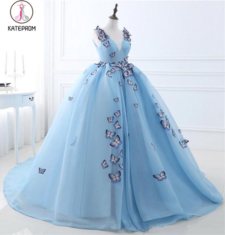 Sky Blue V-neck Butterfly Flowers Ball Gowns Long Prom Dress,Puffy Event Gowns KPP0489