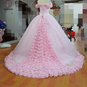 Pink Ball Gown Princess Off-shoulder Hand-Made Flower Wedding Dress,Quinceanera Dresses KPW0144