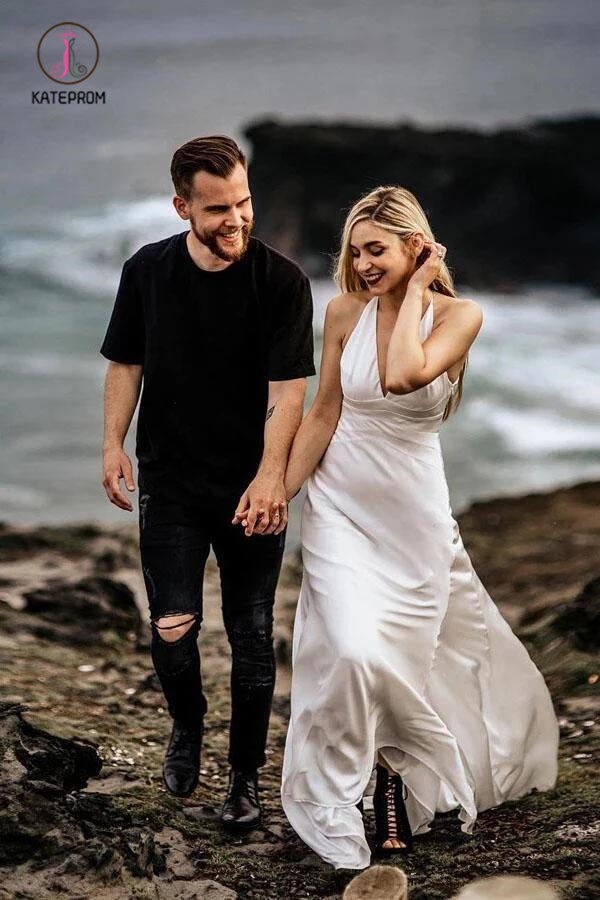 A Line Halter Ivory V Neck Beach Wedding Dresses, Sexy Sleeveless Boho Wedding Dresses KPW0501