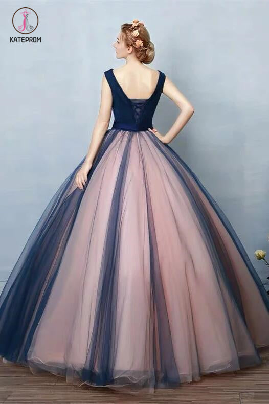 Unique Dark Blue V Neck Sleeveless Appliques Tulle Long Ball Gown Prom Dresses with Bowknot KPP0233