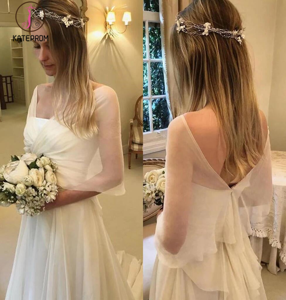 Simple Elegant Chiffon Beach Wedding Dresses with Wrap Sleeves, Unique Bridal Dress KPW0363