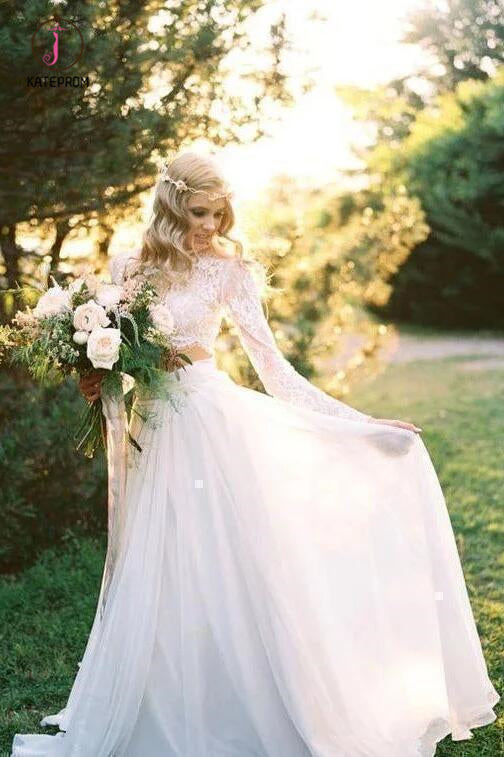 Romantic Two Piece Long Sleeves Wedding Dress with Lace, A Line Ivory Chiffon Bridal Dress KPW0515
