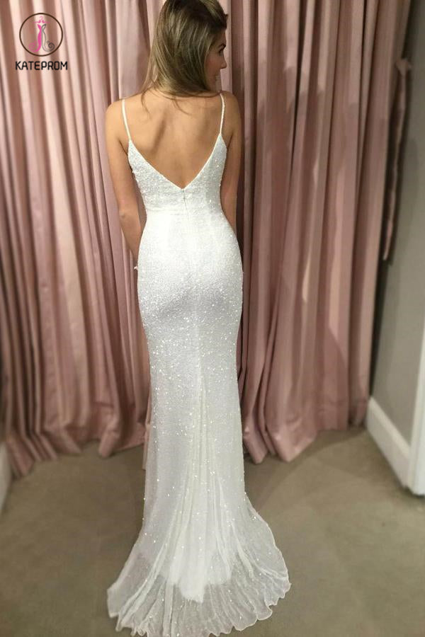 Spaghetti Straps V Neck Sequins Prom Dress, Sexy Sparkly Mermaid Party Dress KPP0482