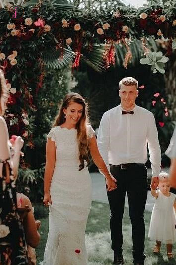 Boho Mermaid Lace Beach Wedding Dresses Cap Sleeve Bohemian Bridal Gown KPW0275