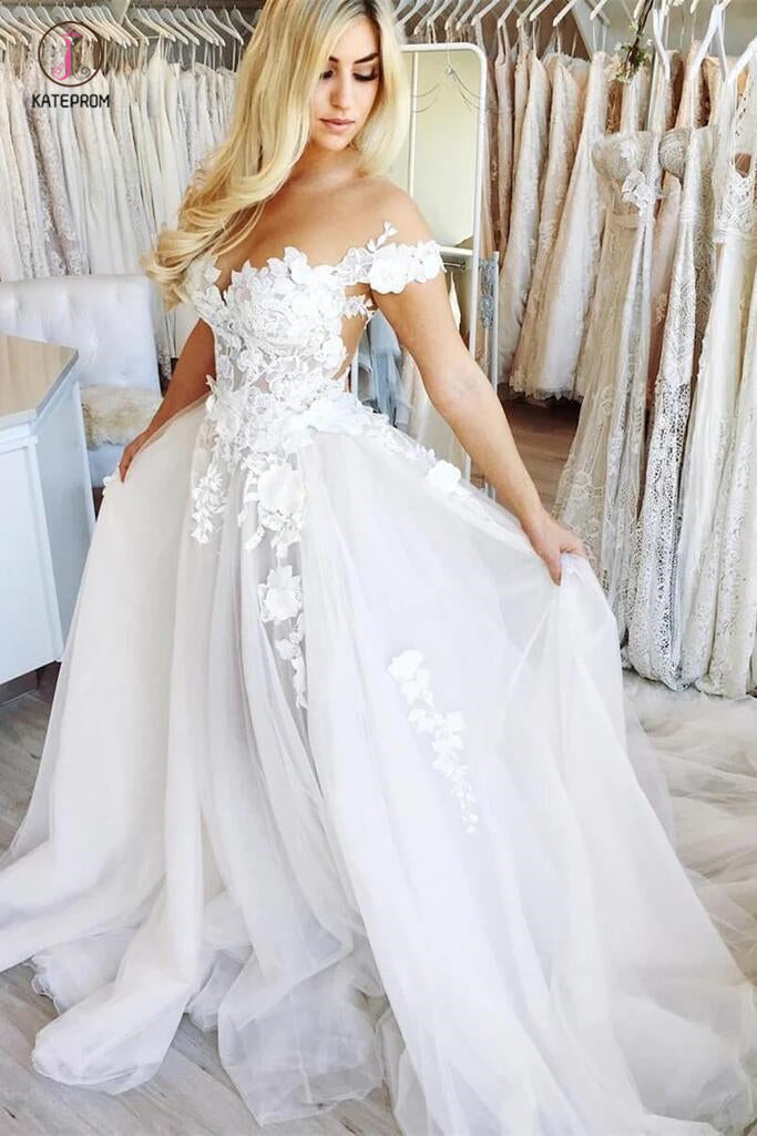 New See Through Off the Shoulder Wedding Dresses Cap Sleeve Lace Tulle Bridal Gowns KPW0274