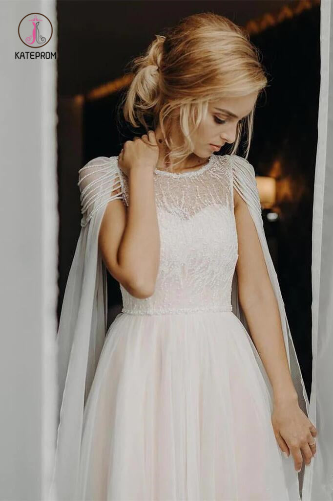 A Line Beaded Chiffon Cap Sleeves Boho Wedding Dresses, Beach Wedding Dress with Pearls KPW0422