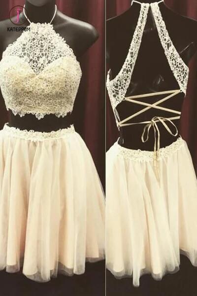 Beige Two Pieces Lace Top Halter Sleeveless Graduation Dress,Homecoming Dress for Teens KPH0109