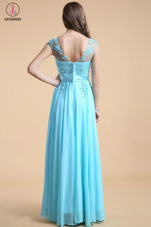 Backless Light Sky Blue Backless Chiffon Long Lace Beaded Prom Dresses KPP0050