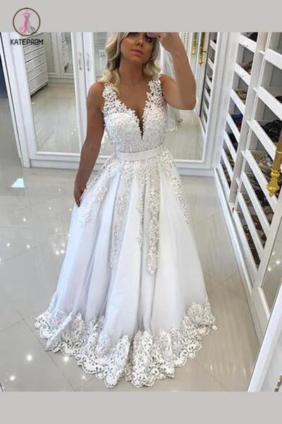 A-Line V-Neck White Sleeveless Backless Tulle Long Prom Dress with Appliques KPP0280