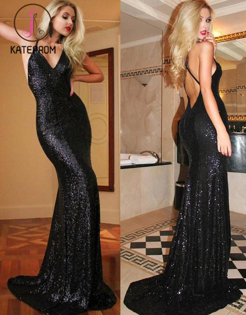 Sexy Spaghetti V-neck Long Mermaid Prom Dresses,Black Backless Sequin Prom Dress KPP0138