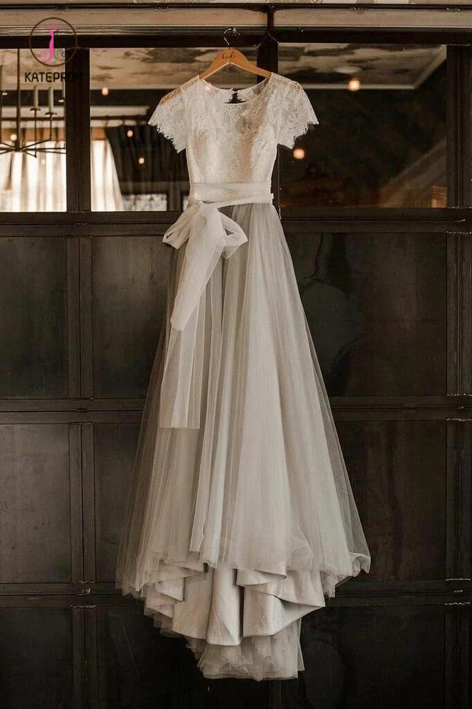A Line Short Sleeve Lace and Tulle Silver Country Wedding Dresses with Sash KPW0444