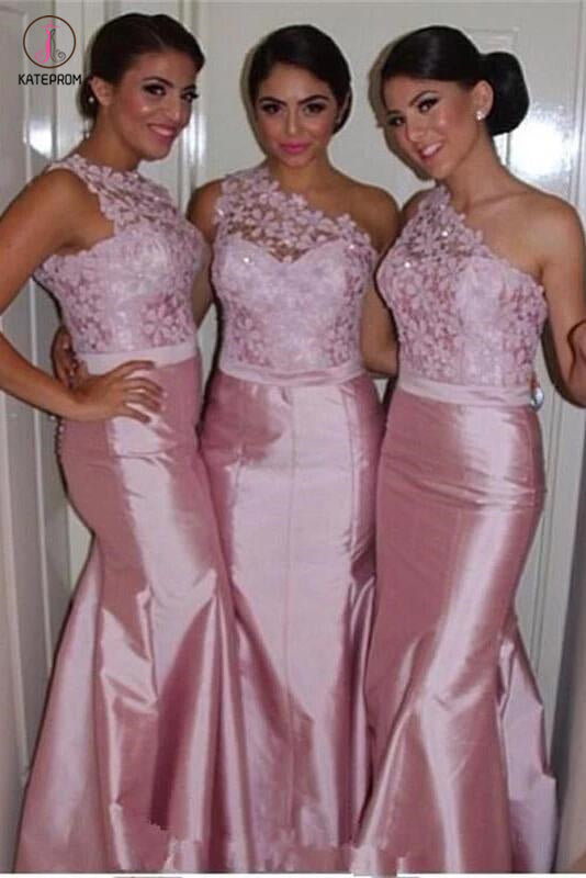 Pastel Pink Trendy One-shoulder Lace Long Bridesmaid Dress,Prom Dresses KPB0062