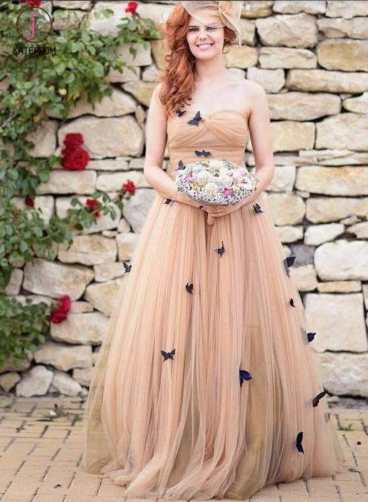 A-line Strapless Floor-length Ruched Tulle Wedding Dresses with Flowers KPW0130