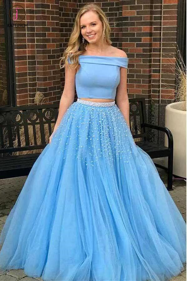 Two Piece A-line Off the Shoulder Open Back Light Blue Long Prom Dress with Beads KPP0441