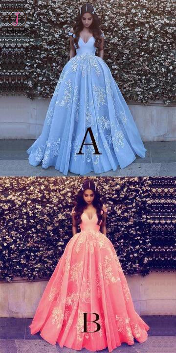 Light Blue Ball Gowns Prom Dresses,Lace Appliques Off Shoulder Big Wedding Dresses KPW0068
