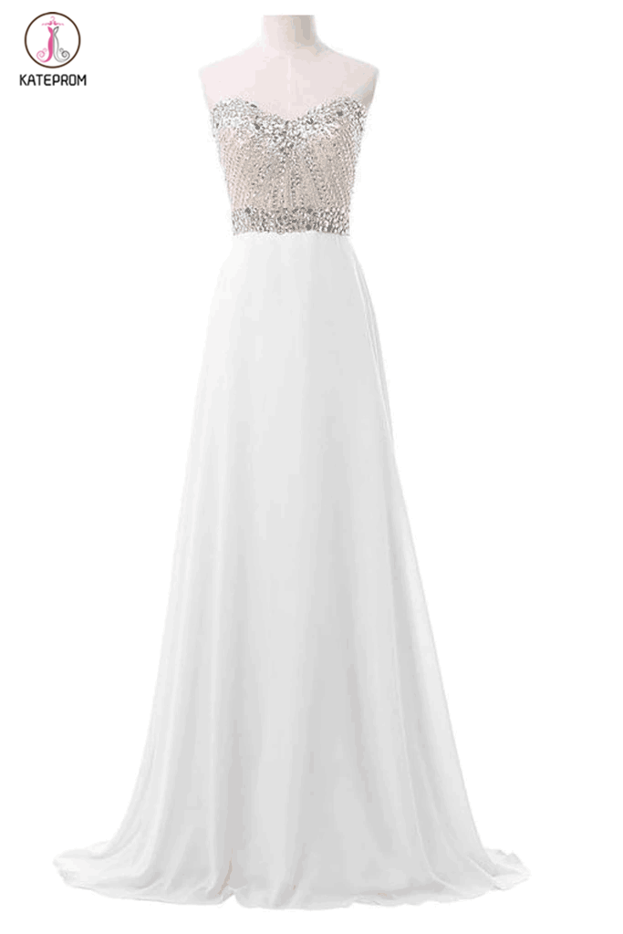 White Chiffon Sweetheart Beaded Long Prom Evening Dresses KPP0065