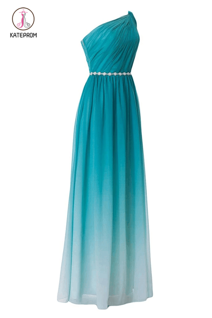 Turquoise Gradient Ombre One Shoulder Chiffon Ruched Dress with Beaded Embellished Belt KPB0093