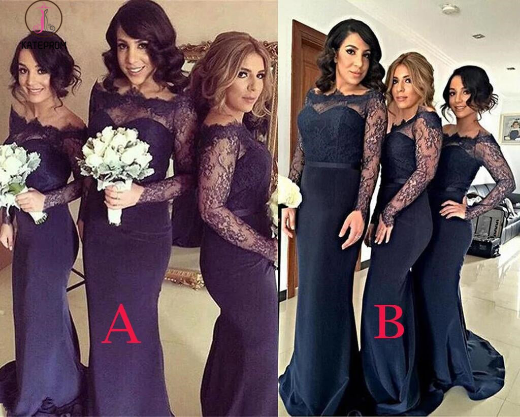 Sexy Long Sleeves Off-the-Shoulder Long Bridesmaid Dress with Lace and Sweep Train KPB0071