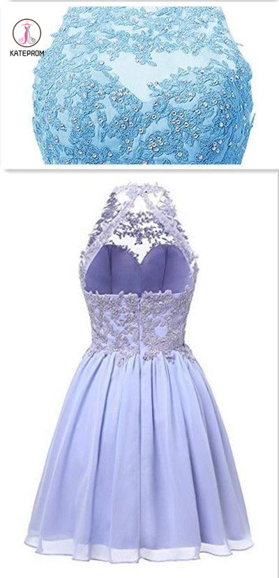 Sky Blue Jewel Sleeveless Chiffon Homecoming Dress with Beads,Applique Backless Prom Dress KPH0246