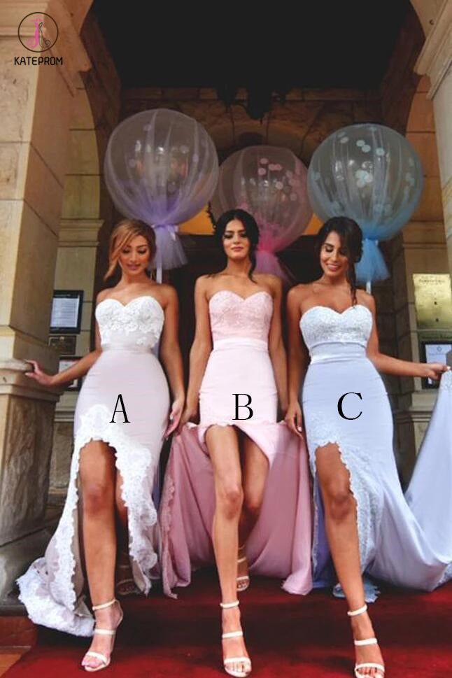 Mermaid Sweetheart Lace Applique Long Bridesmaid Dress with Slit Prom Gown KPB0080
