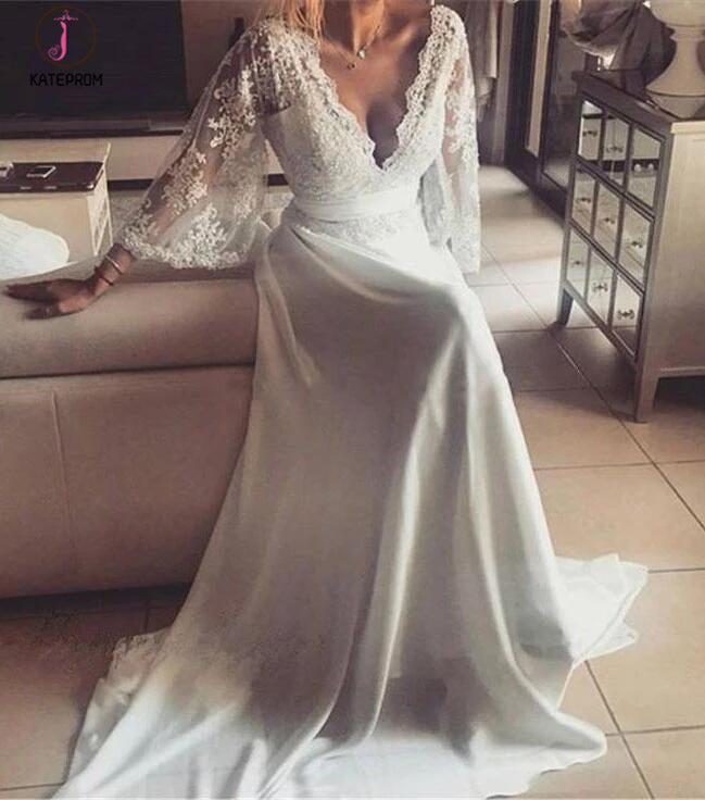 Romantic Boho V Neck Lace Appliques Chiffon Long Beach Wedding Dress with Sash KPW0181