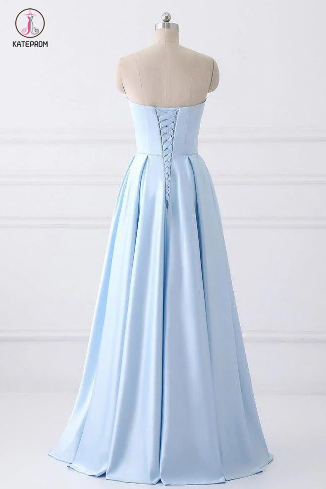 Light Blue Strapless Satin Floor-length Prom Dress With Beaded Pockets Lace Up Back KPP0365