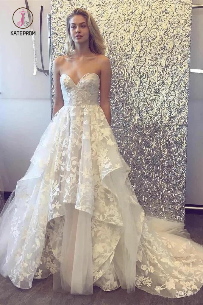A-line Sweetheart Lace Appliqued Wedding Dresses Court Train Wedding Dress KPW0455