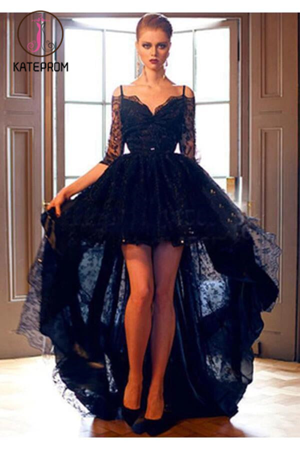 Elegant Black Lace High-low Half Sleeves Prom Dress Evening Dress KPP0129