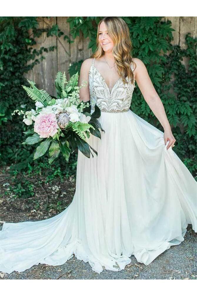 Spaghetti Strap Beaded Ivory Chiffon Country Wedding Dress, Boho Wedding Dress KPW0312