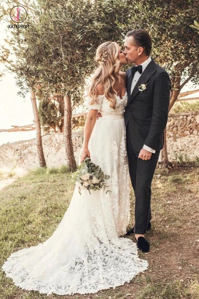 A Line Off the Shoulder Lace Short Sleeve Backless Long Beach Wedding Dresses KPW0256