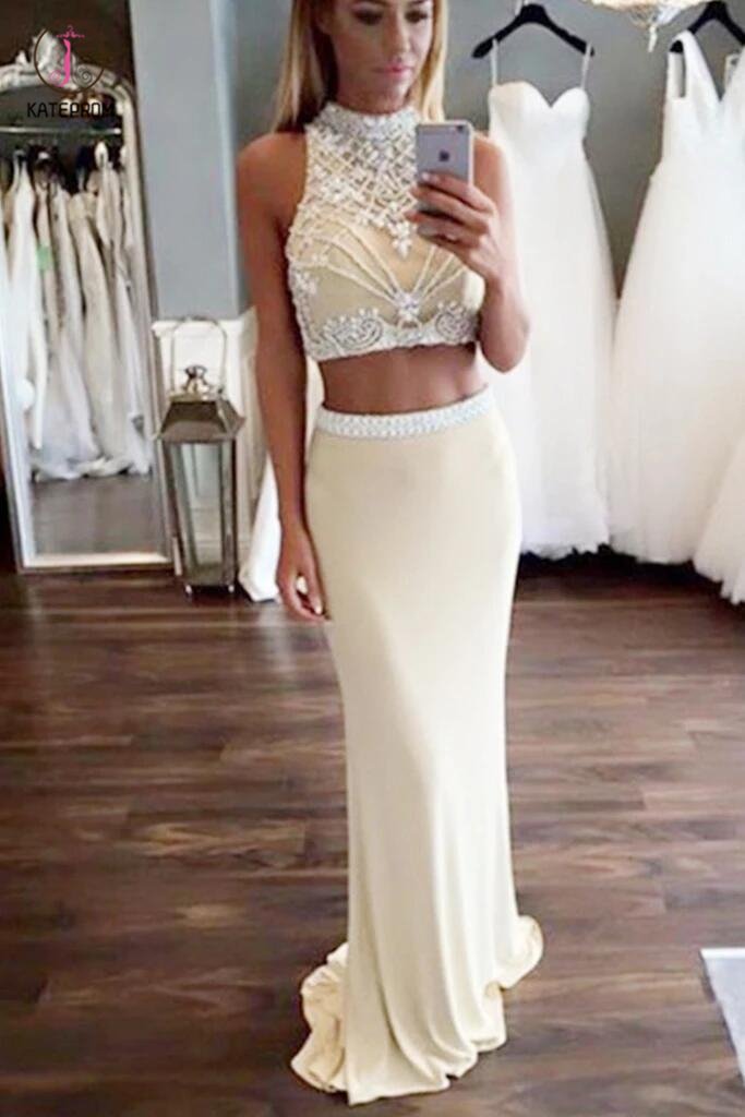 Pale Yellow Two Piece High Neck Sleeveless Beading Prom Dress,Trumpet Formal Dresses KPP0225