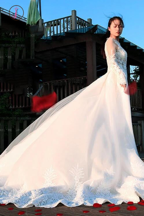 Gorgeous Long Sleeves Long Wedding Dresses, V Neck Long Bridal Dresses KPW0468