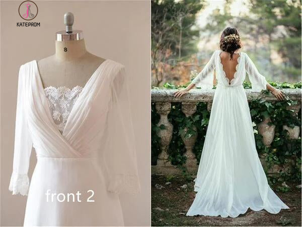 Sexy Chiffon 3/4 Sleeves and Backless Bridal Dress, Long Chiffon Beach Wedding Dress KPW0269