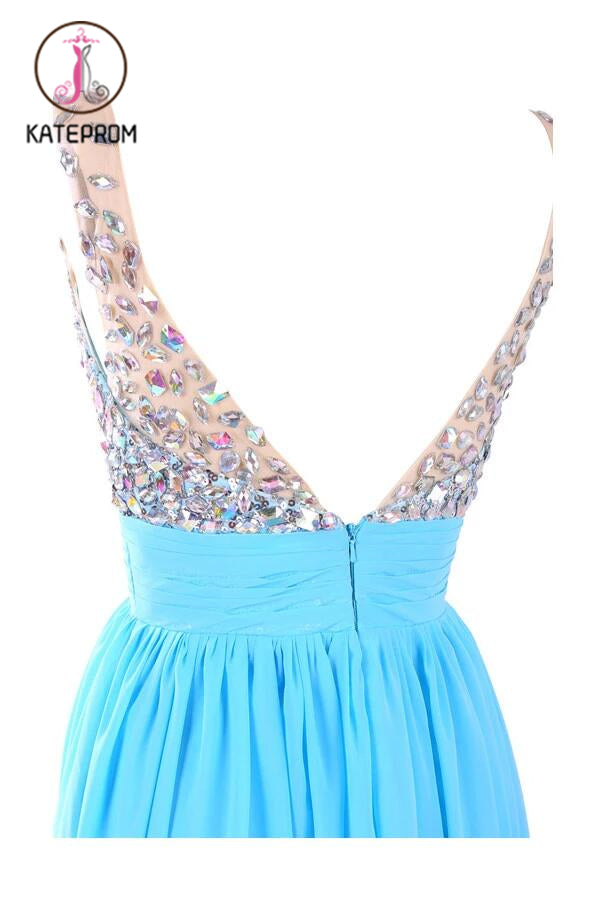 V-neck Chiffon Long Blue Prom/Evening Dress With Beading KPP0122