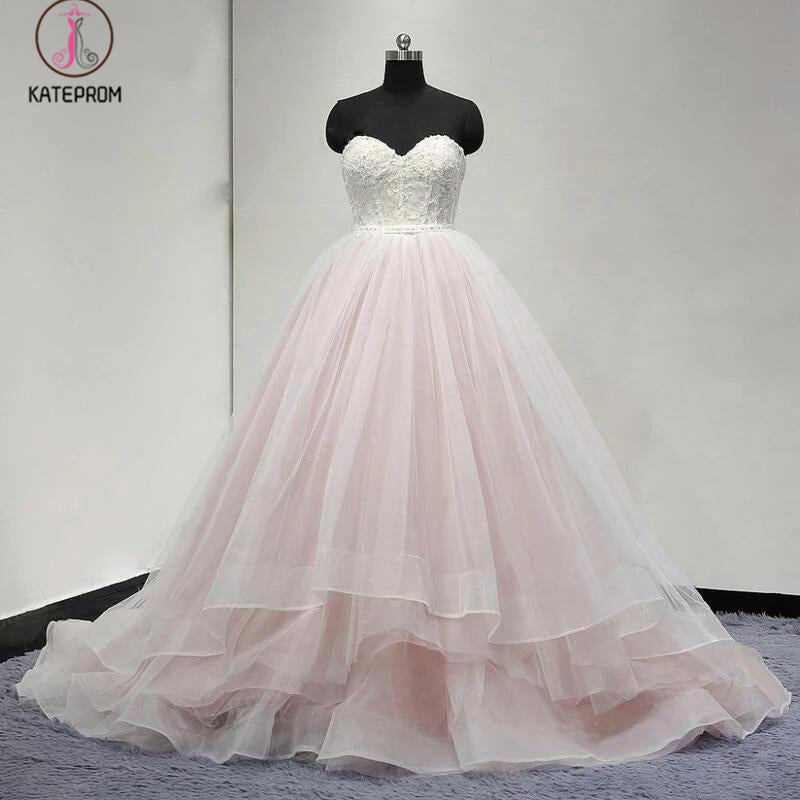 Light Pink Strapless Sweetheart Charming Affordable Layers Long Prom Dresses Ball Gown KPP0271