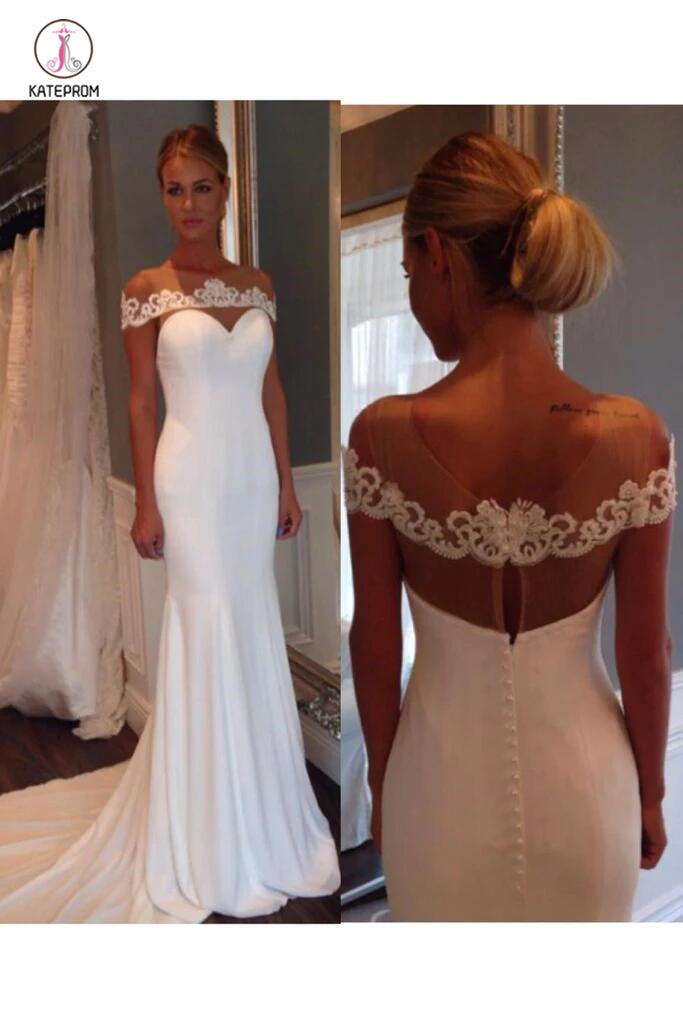 Unique Sheer Neck Mermaid Wedding Dress with Lace, Mermaid Prom Dresses KPW0213