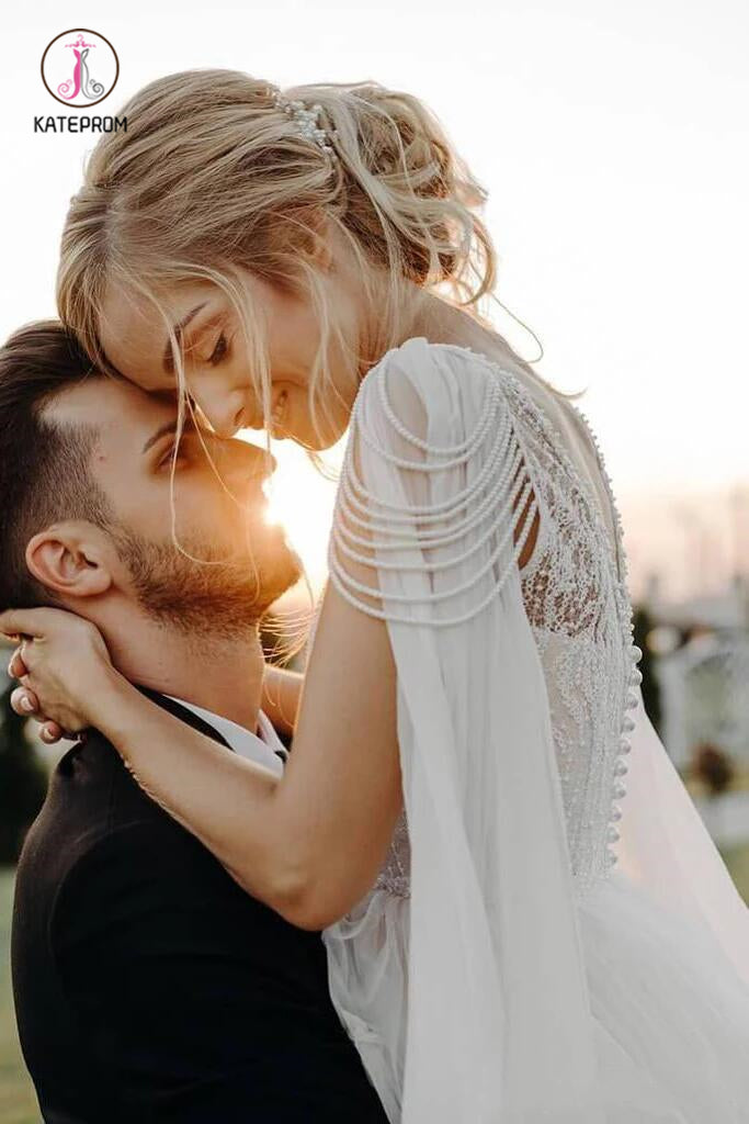 A Line Beaded Chiffon Cap Sleeves Boho Wedding Dresses, Beach Wedding Dress with Pearls KPW0422