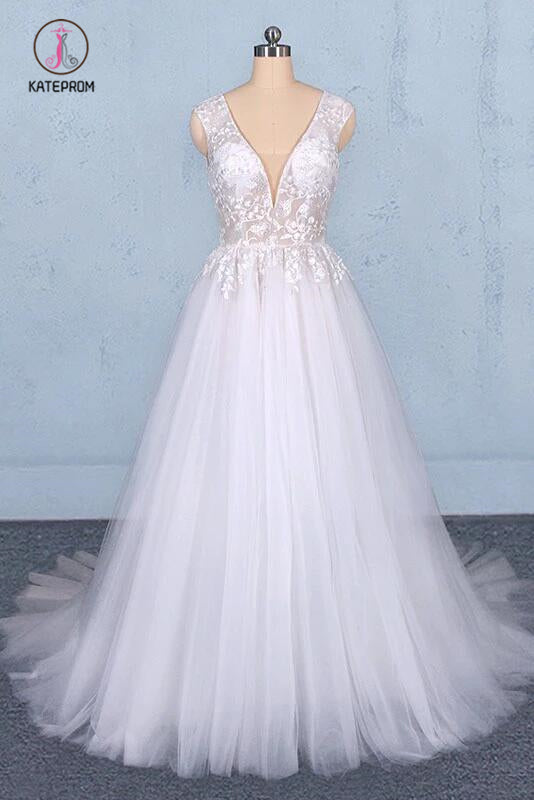 Sexy V Neck Tulle Wedding Dress with Lace Appliques, A Line Backless Bridal Dress KPW0467