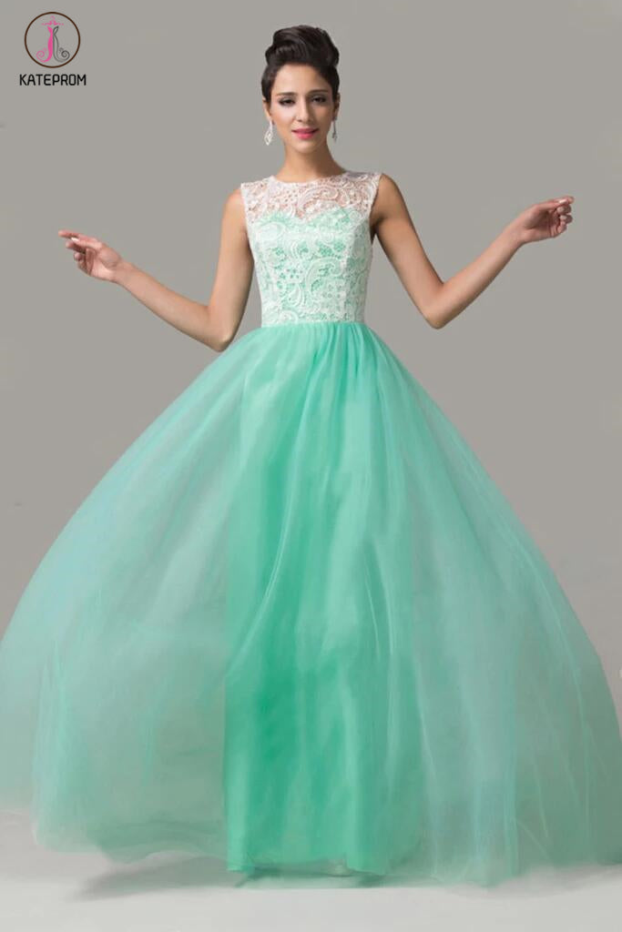 Cap Sleeves Mint Green Lace Long Prom Dresses KPP0037
