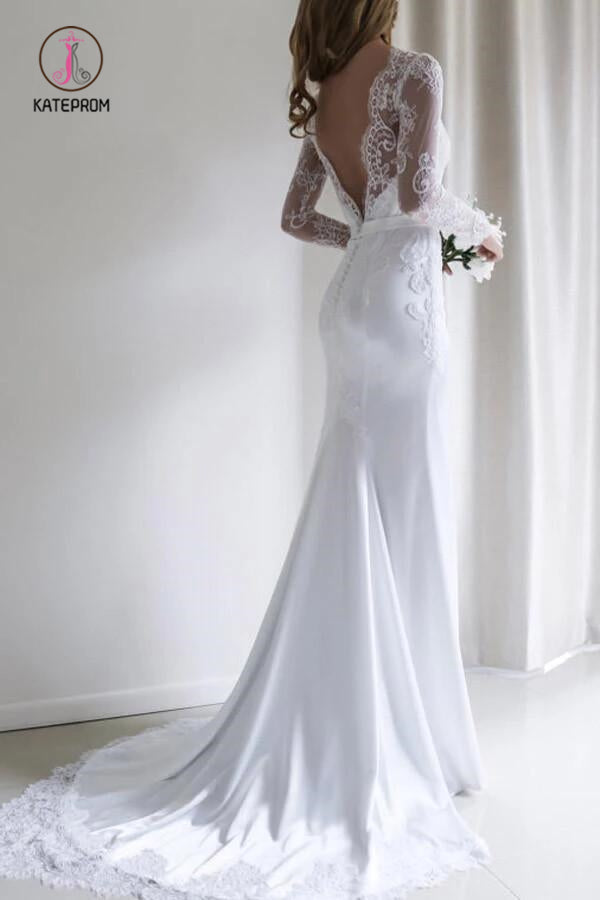 Elegant Lace Long Sleeves Mermaid White Wedding Dress with Train, Bridal Dress KPW0290