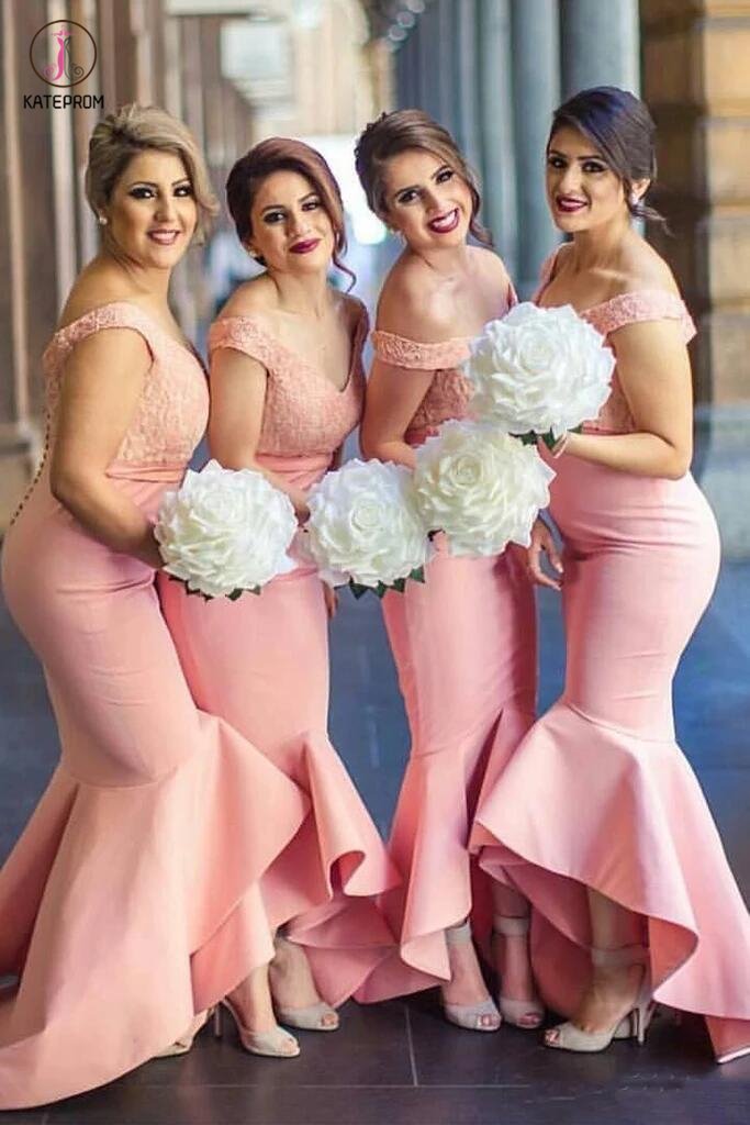 Baby Pink Mermaid Off-the-shoulder High-Low with Ruffles Lace Top Bridesmaid Dress KPB0063