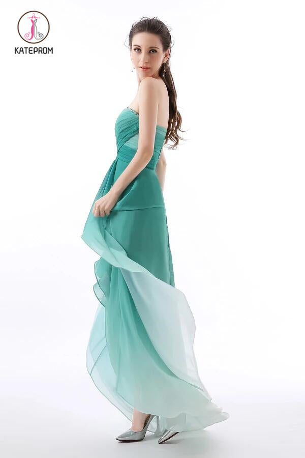 Unique Jade Ombre High-Low Sweetheart Chiffon Bridesmaid Dress with Pleats KPB0091